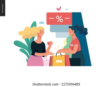 modern flat vector illustration concept of a customer and a shop assistant. Selling interaction and purchasing process. Creative landing page design template