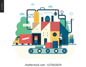 modern flat vector illustration concept of industrial enterprise. Manufacturing and production interaction process. Creative landing page design template