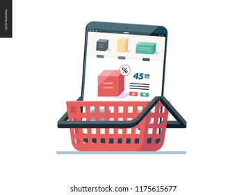 modern flat vector illustration concept of online shop - mobile tablet with shop page in cart. Purchase cart and shopping process Creative landing page design template