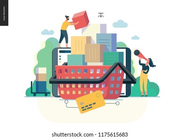 modern flat vector illustration concept of online shop - people placing boxes into the cart. Purchase cart and shopping process. Creative landing page design template