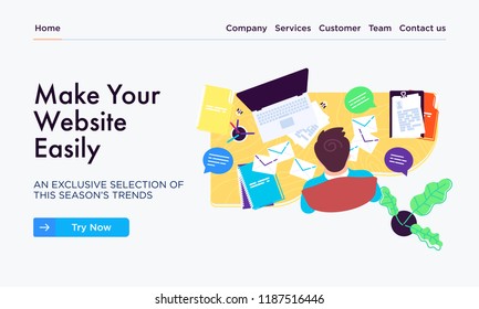 Modern flat vector illustration concept of man making web page design for website or mobile application. Man character behind the working place. Creative landing page design template.