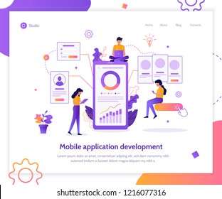 Modern Flat Vector Illustration Concept. Mobile App Development. Teamwork Project. Web Banner Mockup. UI/UX Design Creation. 