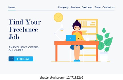 Modern flat vector illustration concept of woman making web page design for website or mobile application from home. Woman character behind the working place. Creative landing page design template. 