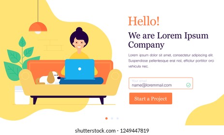 Modern flat vector illustration concept of woman making web page design for website or mobile application from home. Woman character behind the working place. Creative landing page design template. 