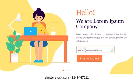 Modern flat vector illustration concept of woman making web page design for website or mobile application from home. Woman character behind the working place. Creative landing page design template. 