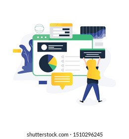 Modern flat vector illustration concept of people making web page design for website and interacting with graphs. Business and workflow management. Creative landing page design template.
