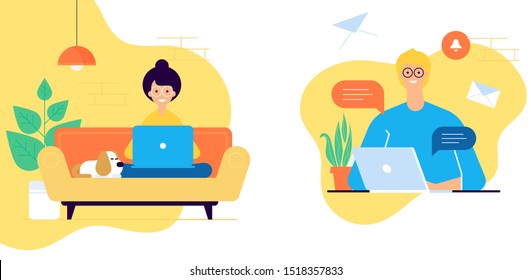 Modern flat vector illustration concept of woman and man working from office and home. Woman setaing on the cozy sofa and man character behind the working place. Coworking concept.