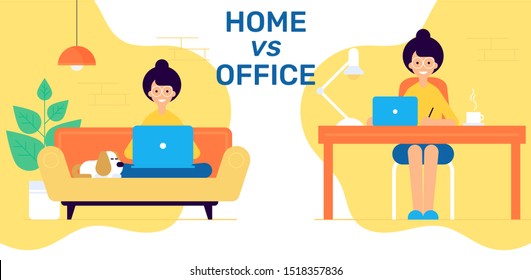 Modern flat vector illustration concept of woman making web page design seating on sofa and behind the table. Woman character behind the working place. Home vs office working place. 