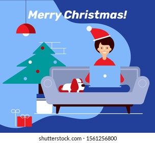 Modern flat vector illustration concept of woman working from home on Christmas eve on sofa and behind near the christmas tree. Woman character. New Year Eve.