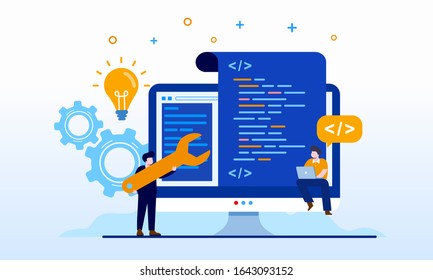Modern flat vector illustration concept of people making web page design for website and interacting with graphs. Engineer with coding. Creative landing page design template.
