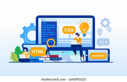 Modern flat vector illustration concept of people making web page design for website and interacting with graphs. Engineer with coding. Creative landing page design template.

