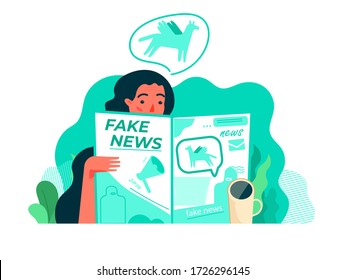 Modern flat vector illustration concept of woman reading fake news in the newspaper with a cup of coffee. Creative landing page design template.