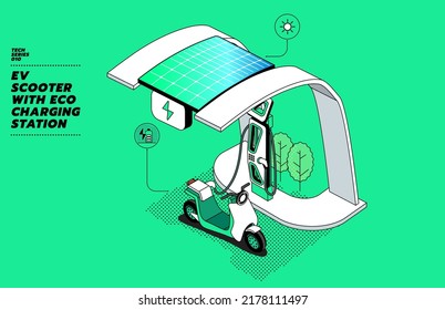 Modern flat vector illustration concept of smart design mini electric motor bike or scooter parking and charging station with solar panels roof shade. Isometric design. The best for infographic.