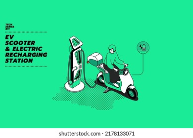 Modern flat vector illustration concept of a courier or messenger with his smart design mini electric motor bike or scooter parking and charging station with solar panels roof shade. Isometric design.