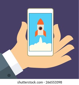 Modern flat vector illustration concept for new business project startup, new product or service. Smartphone in hand with spaceship.