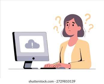 Modern flat vector illustration of a confused female support agent sitting at a desk, working on a desktop computer displaying a cloud error icon. Question marks float around her head, with abstract organic background shapes and minimal facial features. Clean line art, soft muted colors (gray, beige, yellow, navy), simple geometric shapes, and smooth curves. Scalable vector suitable for help centers, customer support, error pages, troubleshooting concepts, and SaaS applications.