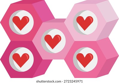 Moderna Ilustración vectorial plana de bloques hexagonales conectados con iconos de corazón rojo en el centro, formando una disposición de estilo panal.