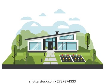 Ilustração vetorial plana moderna de uma casa suburbana contemporânea com um telhado inclinado, grandes janelas, jardim paisagístico com canteiros de flores