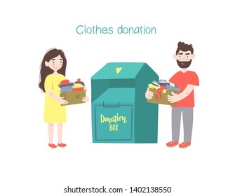 Modern flat vector illustration. Couple or volunteers holding cardboard boxes with clothing for donation or recycling and clothing container.