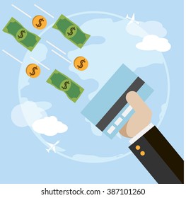 Modern flat vector illustration with credit card, hand, money and globe. Can be use for background, poster, card