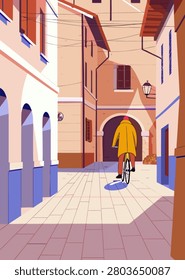 A modern flat vector illustration of a cyclist riding through a peaceful European old town alley surrounded by historic buildings, classic architecture, and warm pastel colors. Perfect for travel, tourism, urban lifestyle, sustainable transportation, cityscape, vacation, editorial, and commercial design projects.
