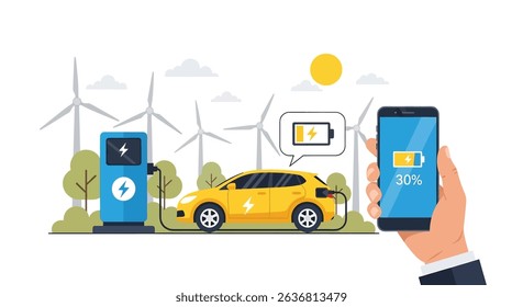 Modern flat vector illustration depicting an electric car charging with a smartphone showing battery status, powered by wind turbines and sun. Highlights smart, green energy