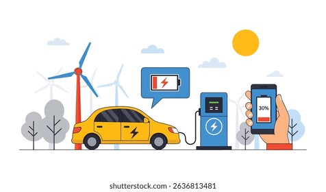 Modern flat vector illustration depicting an electric car charging with a smartphone showing battery status, powered by wind turbines and sun. Highlights smart, green energy