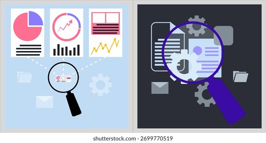 Modern flat vector illustration depicting a process of data analysis or document audit. Features a magnifying glass inspecting various charts