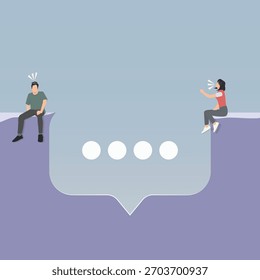 Una Ilustración vectorial plana moderna que representa a un hombre y una mujer sentados en los bordes opuestos de una Grande burbuja de chat