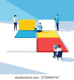 Ilustración vectorial plana moderna que representa el trabajo en equipo y la estrategia de negocios con bloques azules, amarillos y rojos. Aislado sobre fondo blanco.