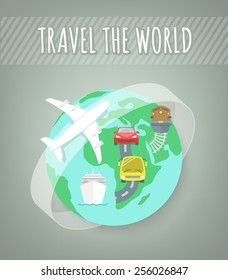 Modern flat vector illustration of different types of transport for travel. Conceptual background with globe and icons of car, bus, train and airplane. International travel and transportation concept