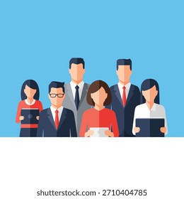 Modern flat vector illustration of diverse business team in blue, red, grey colors. Isolated on white background.