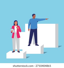 Moderne, flache Vektorgrafik diverser Business-Profis auf blauen Stufen, einzeln auf weißem Hintergrund für vielseitiges Corporate Design.