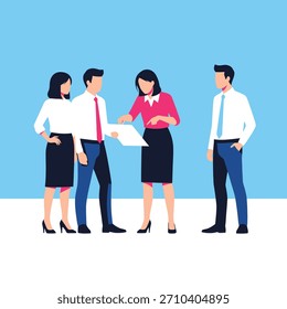 Modern flat vector illustration of a diverse business team discussing documents. Isolated on white background for versatile design.