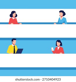 Modern flat vector illustration of diverse business people in a blue and white corporate setting, isolated on white background.
