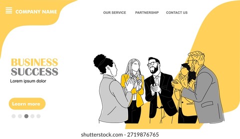 Moderna Ilustración vectorial plana de un equipo empresarial diverso que aplaude el éxito, diseñada para Sitios web corporativos, startups y landing pages de marketing.