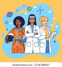 Moderna Ilustración vectorial plana de diversas mujeres que trabajan en ciencia, tecnología, ingeniería y medicina