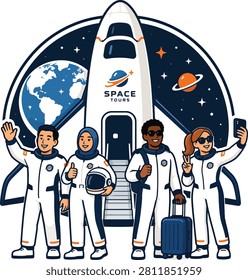 Modern flat vector illustration of diverse space tourists standing in front of a reusable spacecraft, representing the future of commercial space travel. Ideal for aerospace companies, tourism, future technology, STEM education, websites, presentations, and marketing materials.