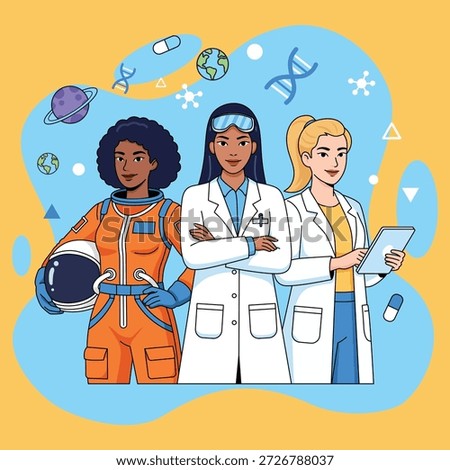 Modern flat vector illustration of diverse women working in science, technology, engineering, and medicine