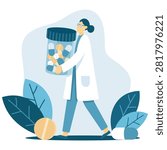 Modern flat vector illustration of a doctor carrying a giant medicine bottle filled with colorful pills, the concept represents healthcare, pharmaceuticals, prescription medication, medical treatment, pharmacy services, and patient care
