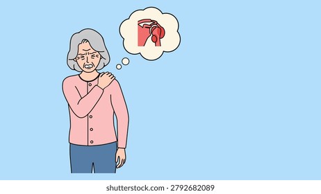 Modern flat vector illustration of an elderly woman suffering from shoulder pain and possible rotator cuff injury. Healthcare concept highlighting joint inflammation, musculoskeletal disorders, chronic pain, arthritis symptoms, rehabilitation, and orthopedic treatment.
