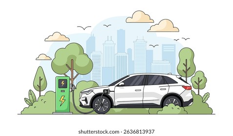 Modern flat vector illustration of an electric car charging at a station amidst a green city landscape. Emphasizes eco-friendly transportation and sustainable urban living