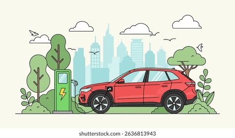 Modern flat vector illustration of an electric car charging at a station amidst a green city landscape. Emphasizes eco-friendly transportation and sustainable urban living