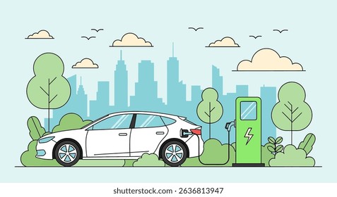 Modern flat vector illustration of an electric car charging at a station amidst a green city landscape. Emphasizes eco-friendly transportation and sustainable urban living