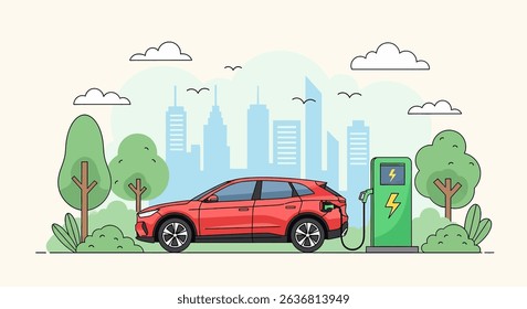 Modern flat vector illustration of an electric car charging at a station amidst a green city landscape. Emphasizes eco-friendly transportation and sustainable urban living