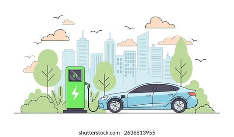 Modern flat vector illustration of an electric car charging at a station amidst a green city landscape. Emphasizes eco-friendly transportation and sustainable urban living