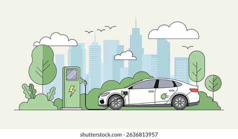 Modern flat vector illustration of an electric car charging at a station amidst a green city landscape. Emphasizes eco-friendly transportation and sustainable urban living
