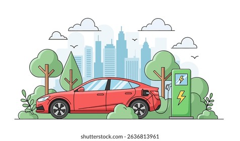 Modern flat vector illustration of an electric car charging at a station amidst a green city landscape. Emphasizes eco-friendly transportation and sustainable urban living