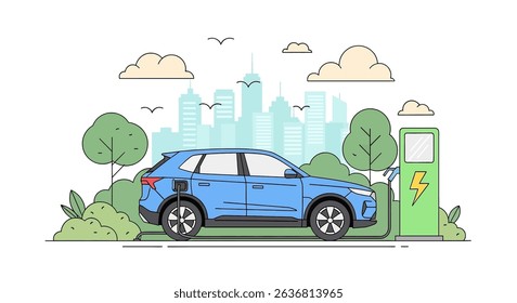 Modern flat vector illustration of an electric car charging at a station amidst a green city landscape. Emphasizes eco-friendly transportation and sustainable urban living