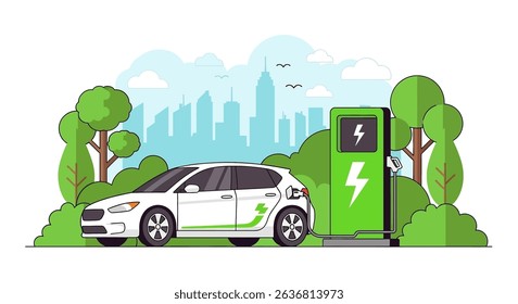 Modern flat vector illustration of an electric car charging at a station amidst a green city landscape. Emphasizes eco-friendly transportation and sustainable urban living
